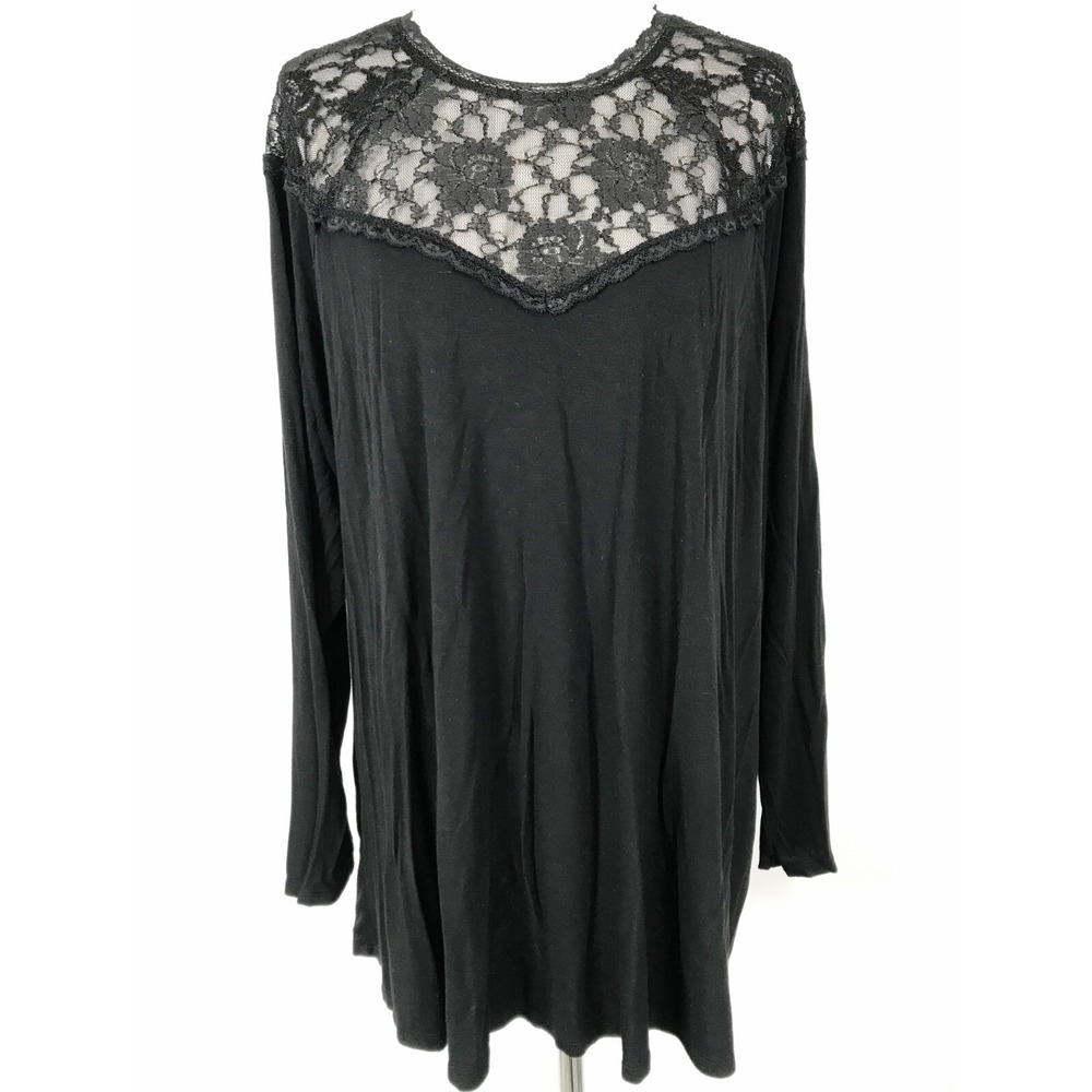 Torrid Top Womens 4X 4 Black Lace Neck Stretch Knit Long Sleeve Keyhole Back